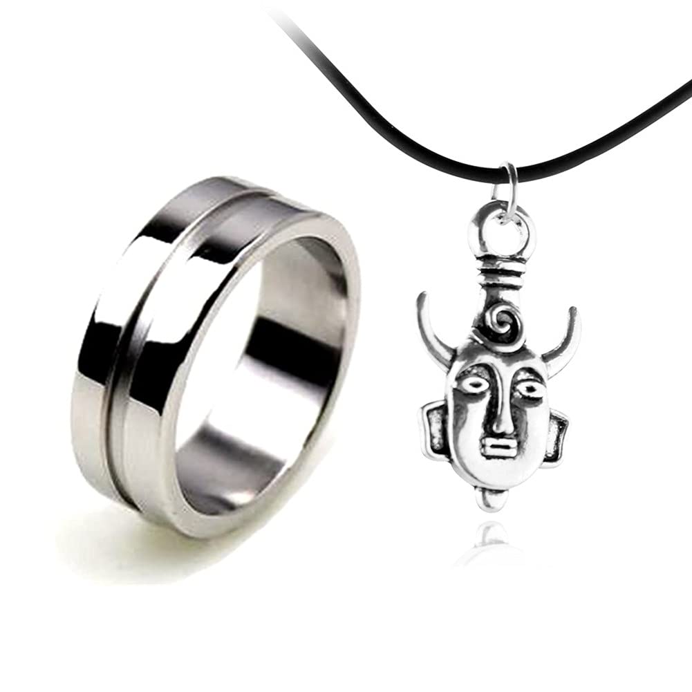[Australia] - 2PCS One Set Unisex Dean Winchester Ring and Mask Amulet Pendant Necklace Stainless Steel The Supernatural Merchandise Dean's Smooth Band Rings,Size 6-12 