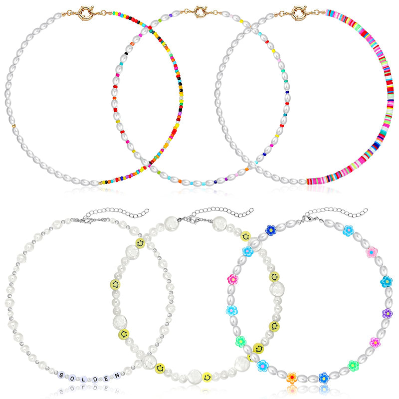 [Australia] - KELAIEN 6PCS Y2k Necklace Smiley Face Flower Choker Necklace for Women Colorful Beads Boho Choker Necklace Cute Y2k Choker Necklace Set for Teen Girls Choker Necklace Set A 