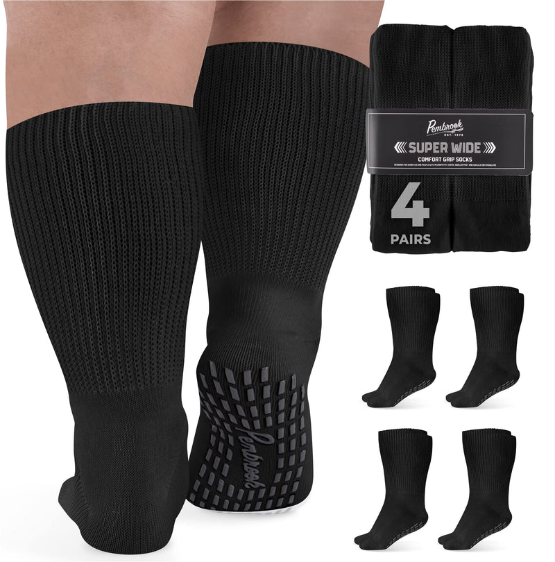 [Australia] - Pembrook Extra Wide Socks for Swollen Feet - 4 Pair Bariatric Socks for Edema and Lymphedema | Extra Wide Calf Socks With Grips - 4-pairs (Black) 