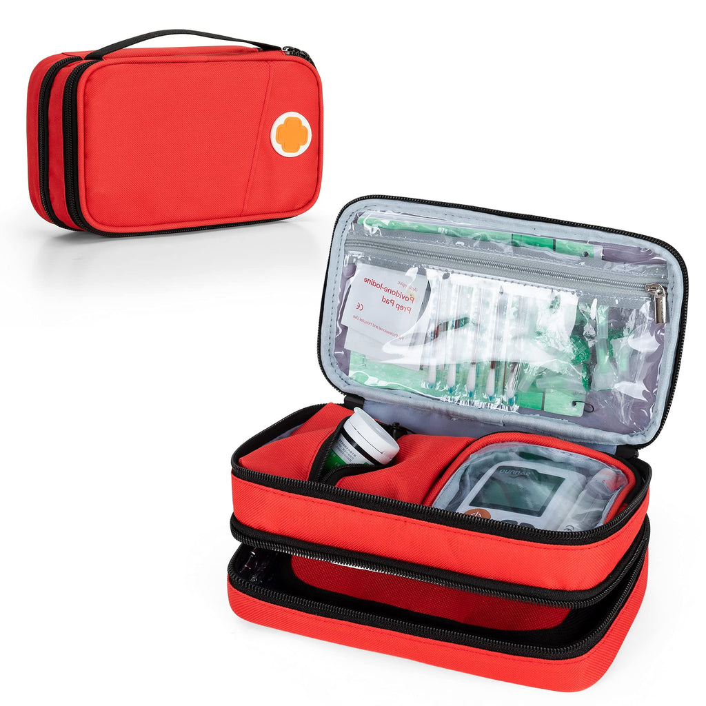 [Australia] - CURMIO Insulated Insulin Cooler Travel Case, Double Layer Diabetic Supplies Storage Bag with Detachable Pouches for Insulin Pens, Diabetic Medication and Ice Packs, Red, Bag Only 