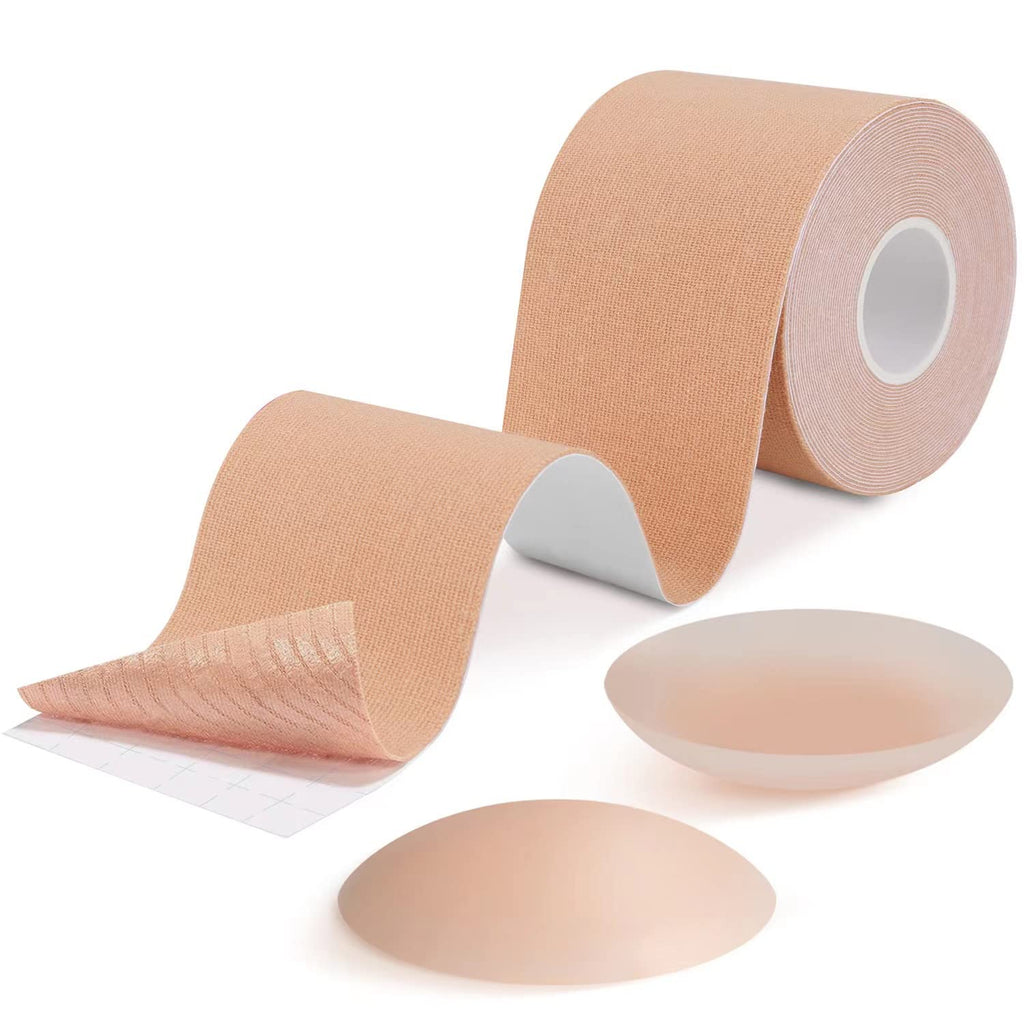 [Australia] - Boob Tape, Boobytape for Breast Lift, Athletic Tapes for A-E Cup Large Breast, Breathable Push Up Tape, Waterproof & Sweatproof Body Tape, Used Along with 1-Pair Reusable Soft Silicone Covers Beige 