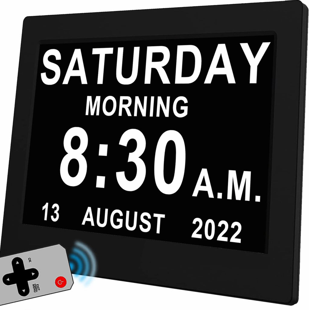 [Australia] - [2022 Newest] 12 Alarms Dementia Clock 8 Inch Large with Remote Control, 5 Levels Auto Dimmable, Non-Abbreviated Date and Day Clock with Calendar for Alzheimers Seniors with Digital Frame Feature Black 
