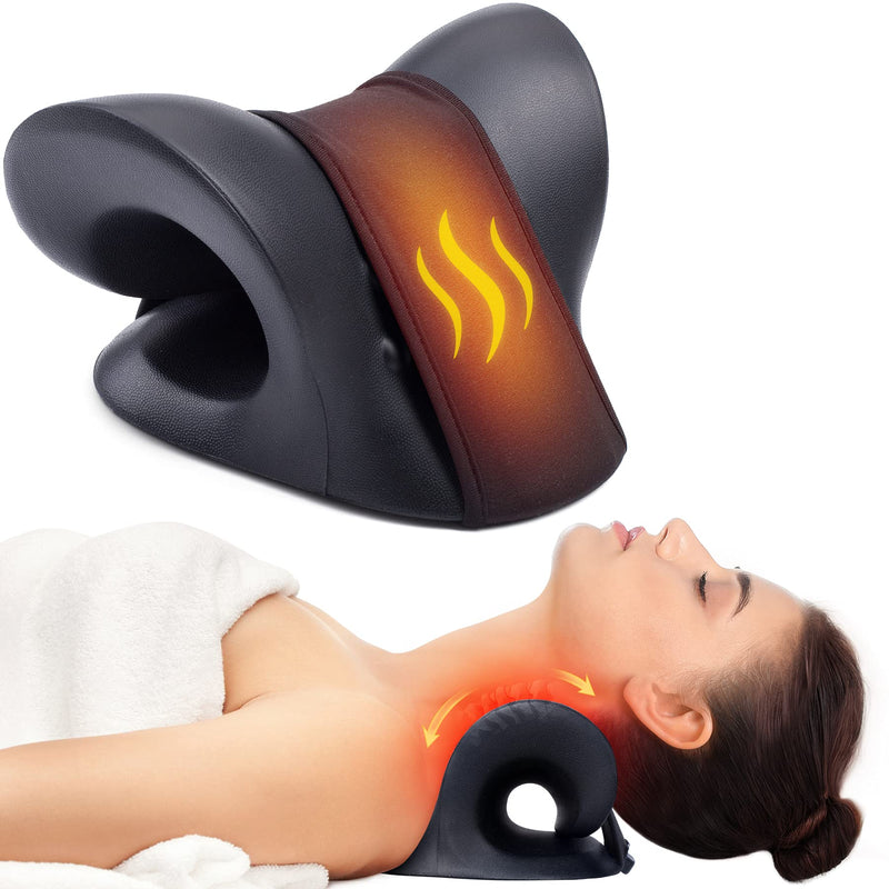 [Australia] - Neck Stretcher for Neck Pain Relief, Heated Cervical Traction Device Pillow with Graphene Heating Pad, Neck and Shoulder Relaxer for TMJ Pain Relief and Cervical Spine Alignment(Black) Black 