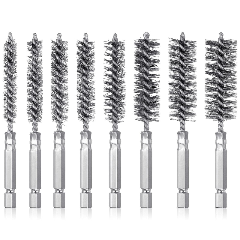 [Australia] - 8 Pieces Wire Brush Drill Bore Cleaning Brush Set with 1/4 Inch Hex Shank Stainless Steel Wire Twisted Brush for Drill Impact Driver, 8 Sizes Silver 