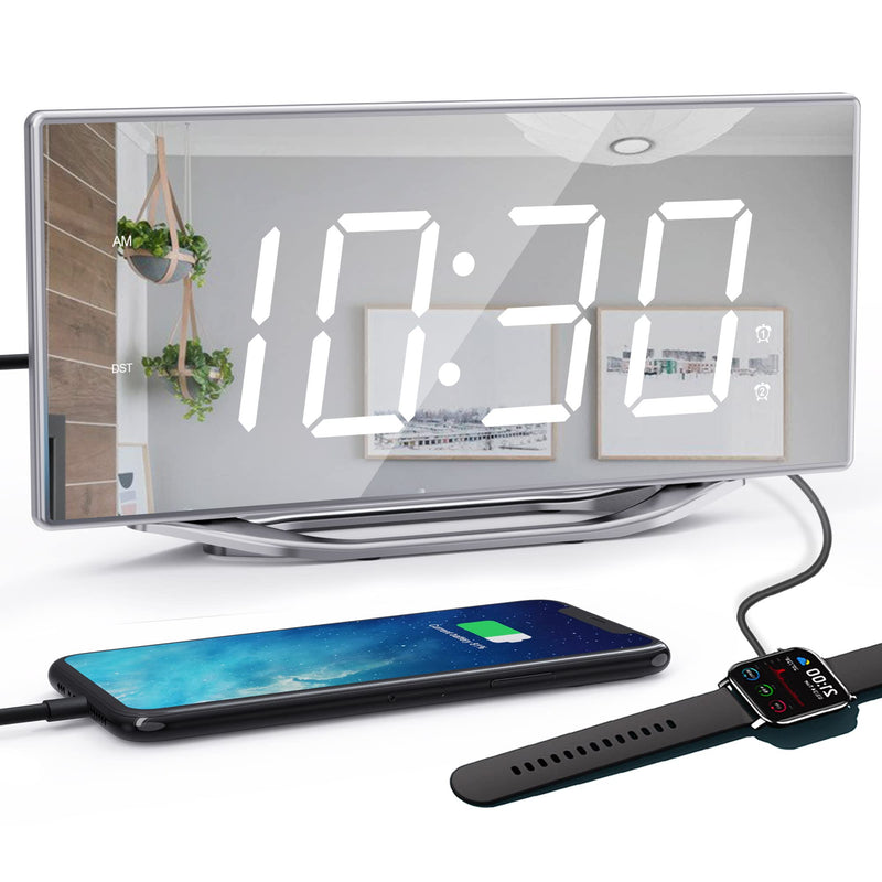 [Australia] - Digital Clock for Living Room, Loud Alarm Clock for Heavy Sleepers Adult, 8.7" Large Display LED Mirror Clock with 7-Level Dimmer,Snooze Mode,Dual USB Ports, Modern Desk Clock for Bedroom Home Office Silver-white Digits 