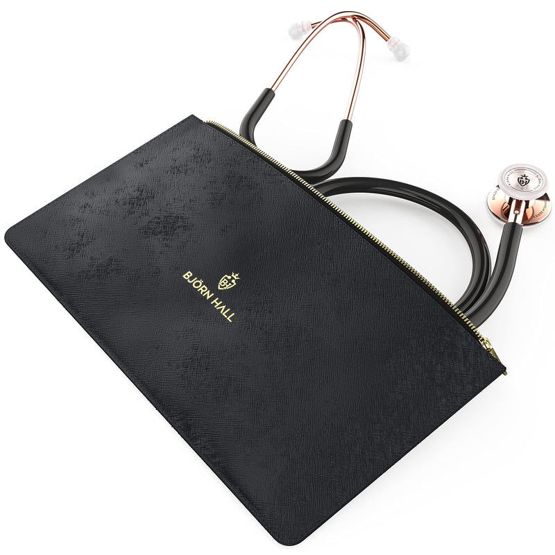 [Australia] - BJÖRN HALL Rose Gold Black Stethoscope with Designer Carrying Case | Stainless Steel Turnable Chest Piece | Super Lightweight 5.9oz| Perfect Gift for Nurses Veterinary & Students | Black Tubing RGB Black Rose Gold 