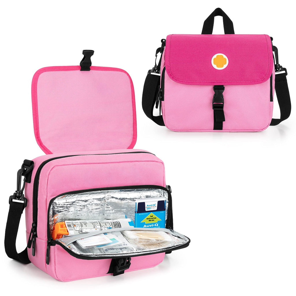 [Australia] - CURMIO Epipen Carrying Case for Kids, Insulated Medicine Supplies Bag with Shoulder Strap for 2 EpiPens, Auvi-Q, Spacer, Vials, Nasal Spray, Asthma Inhaler, Allergy Medicine Travel Bag, Pink 