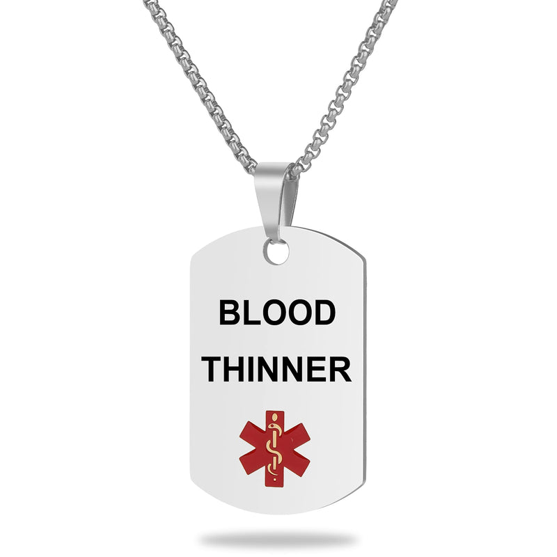 [Australia] - Medical Alert ID Necklace, Laser Engraved Blood THINNER, Stainless Steel Tag Pendant with 23.6 inch Chain for Men Women Emergency First Aid Silver 