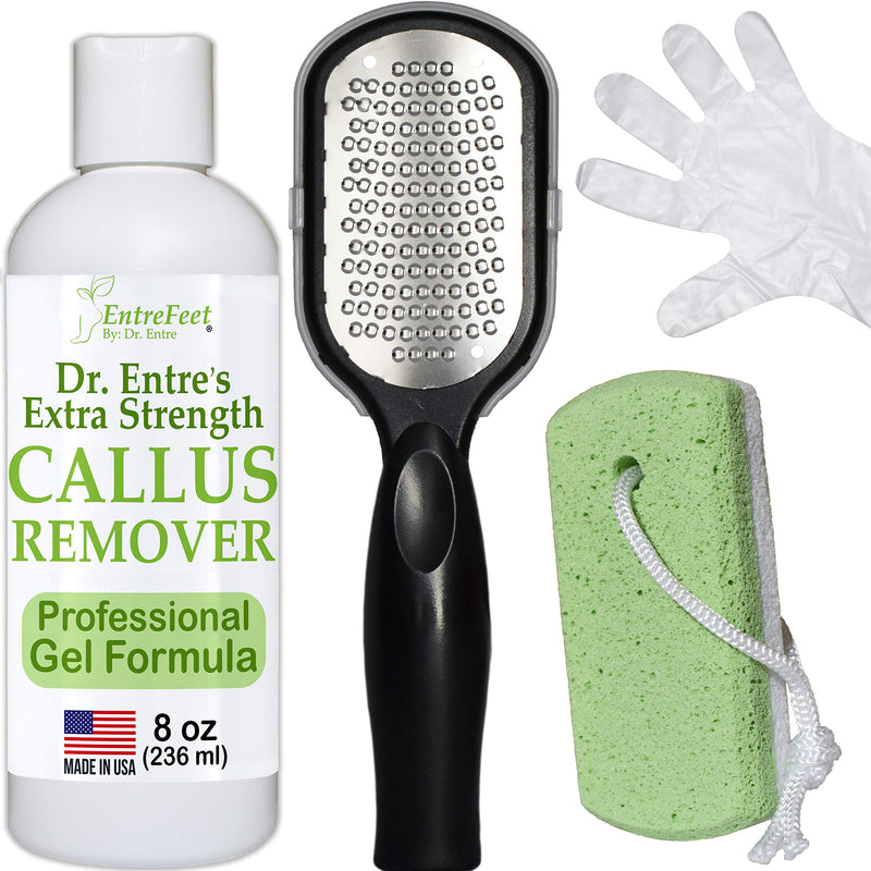 [Australia] - Dr. Entre's Callus Remover Kit for Feet: 8oz Callus Remover Gel, Foot File, Pumice Stone, 5 Glove Pairs for Gel Application, Spa Kit, Foot Care, Pedicure Tools, Scrubber 