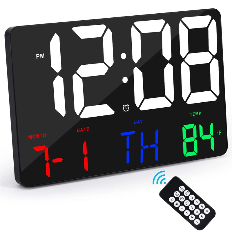 [Australia] - Amgico Digital Wall Clock ,11.4" Digital Clock Large Display,Adjustable Brightness Digital Alarm Clock with Temperature,Remote Control,12/24H,Calendar,Snooze for Bedroom,Home, Office,Elderly Black-multicolor 