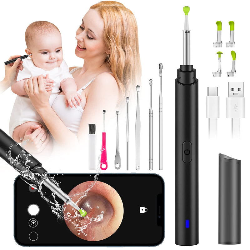 [Australia] - Ear Wax Removal Tool Camera, Smart Visual Ear Cleaner, 1296P FHD Wireless Ear Otoscope with 6 LED Lights, IP67 Waterproof WiFi Ear Cleaning Kit, Ear Camera for iPhone, iPad, Android Smart Phone, Black 