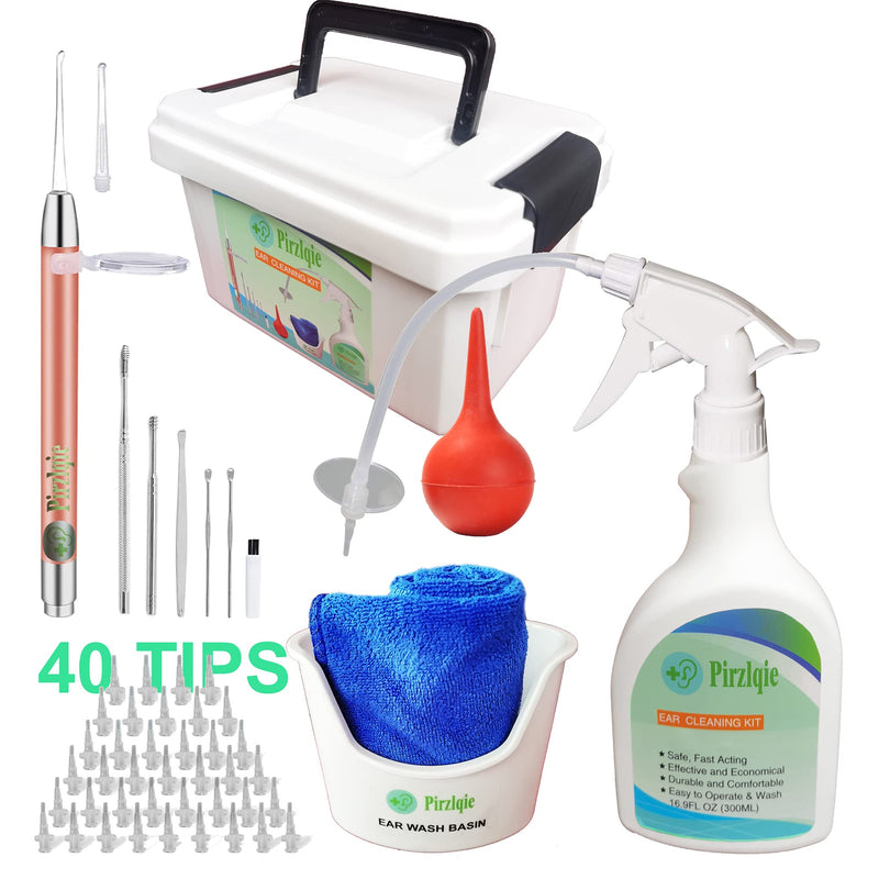 [Australia] - Ear Wax Removal Tool, Ear Cleaning Kits Safe Ear Irrigation Kit Ear Flush Kit for Adults Kids, Ear Wax Washer Device with LED Earwax Spoon, Basin, Bulb, Curette Kit, Towel, 40 Tips and Storage Box 