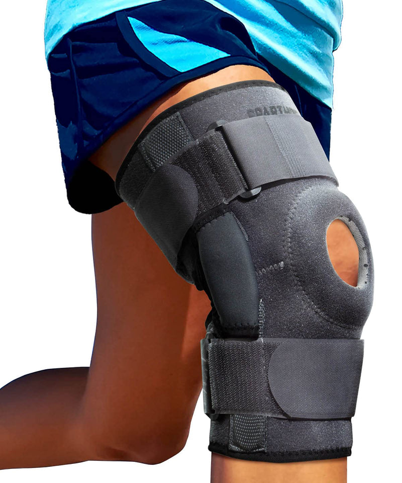 [Australia] - Sparthos Hinged Knee Brace - Relieves ACL, MCL, Meniscus Tear, Arthritis, Tendon Pain - Open Patella Design with Dual Metal Side Stabilizers - Support for Running, Knee Pain, For Men and Women (Large) Gray/Black Large 