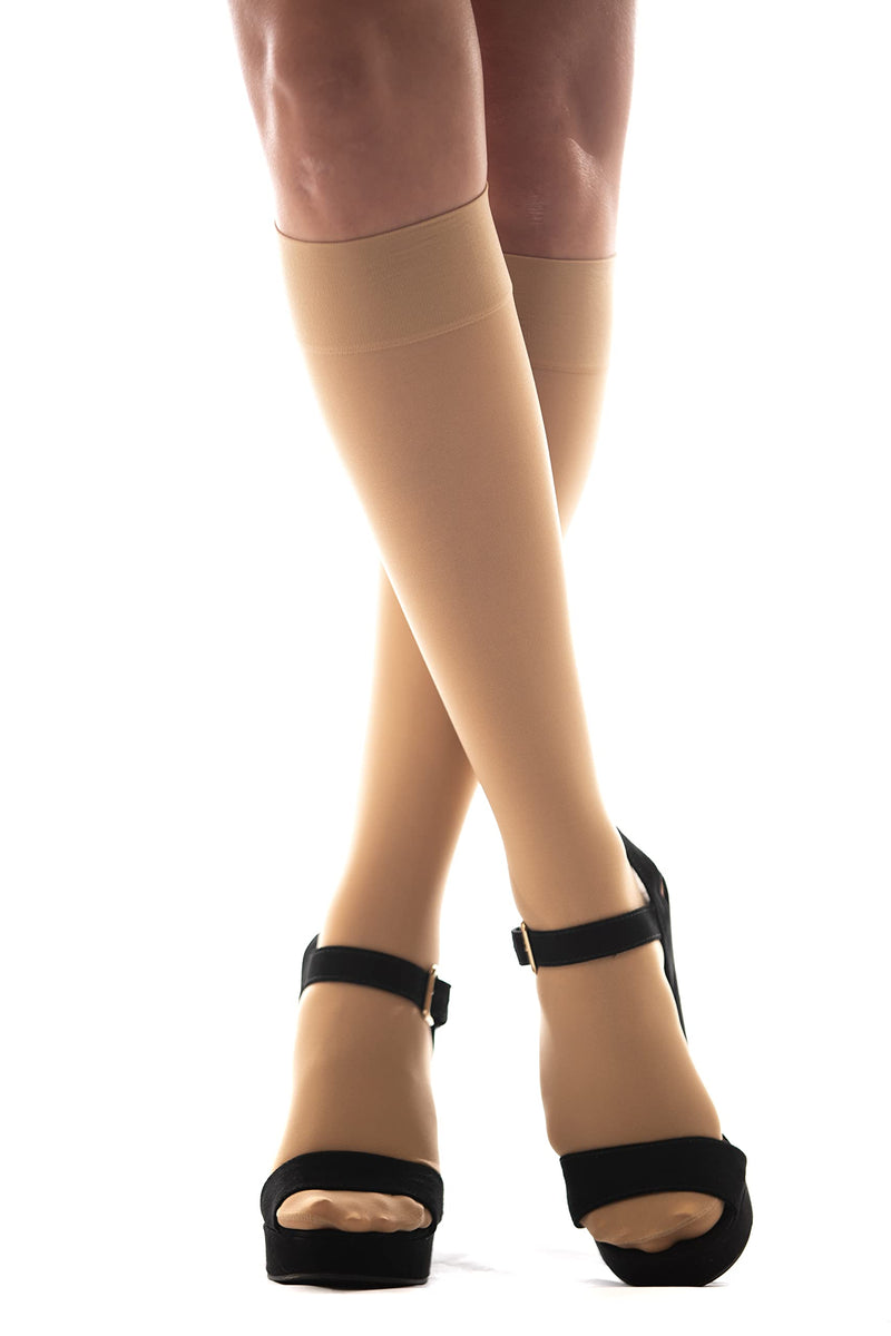 [Australia] - Medicella Premier Closed Toe Knee High Compression Socks for Women 8-15 mmHg Made in USA Medical Quality Sheer Mild Pressure Support Circulation & Travel (Medium, Beige) Medium 