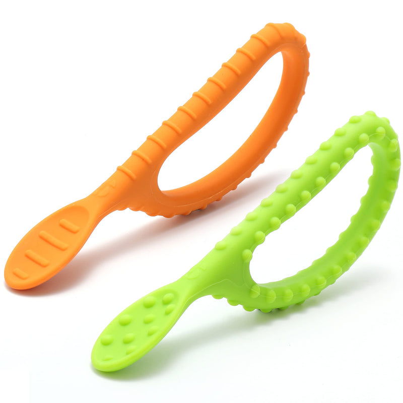 [Australia] - Special Supplies Duo Spoon Loops Oral Motor Therapy Tools, 2 Pack, Textured Stimulation and Sensory Input Treatment for Babies, Toddlers or Kids, BPA Free Silicone with Flexible, Easy Handle Green + Orange 