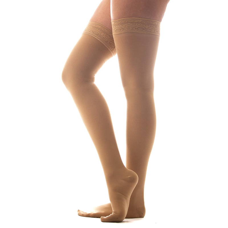 [Australia] - Medicella Premier Closed Toe Thigh High Compression Stockings for Women 15-20 mmHg Made in USA Medical Quality Sheer Moderate Pressure Support Circulation & Travel (Medium, Beige) Medium 