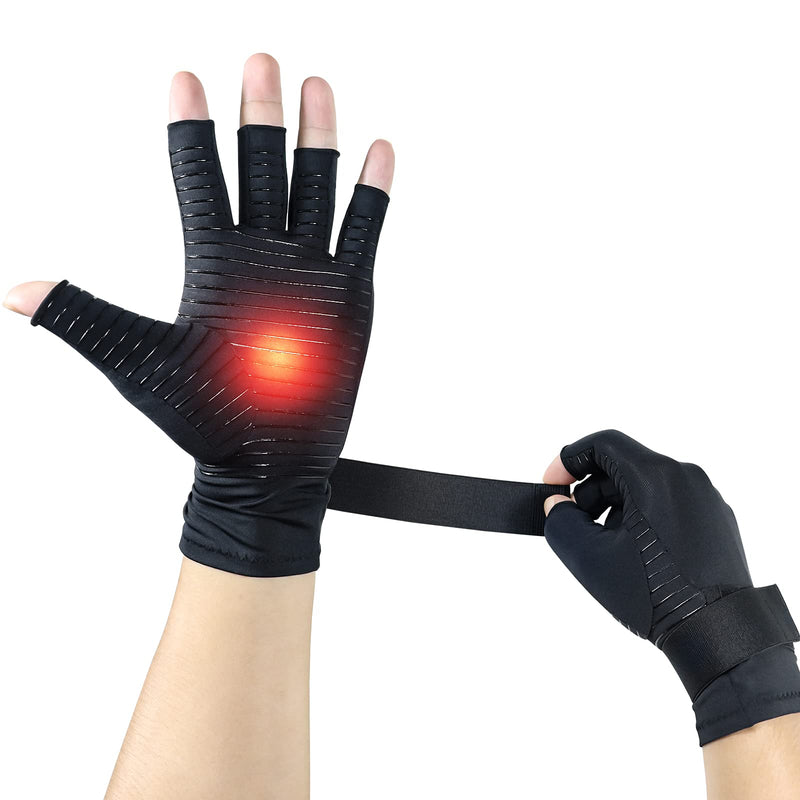 [Australia] - Copper Compression Arthritis Gloves with Strap, Wrist Brace Arthritis gloves Carpal Tunnel Relief Fingerless Gloves women men Large 