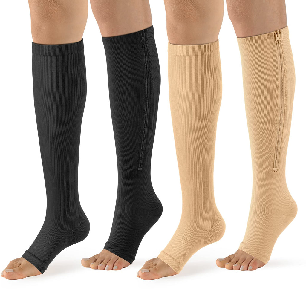 [Australia] - Bropite Zipper Compression Socks Women & Men - 2 Pairs 15-20 mmHg Open Toe Compression Socks for Walking,Running C - Black /Nude Small-Medium 