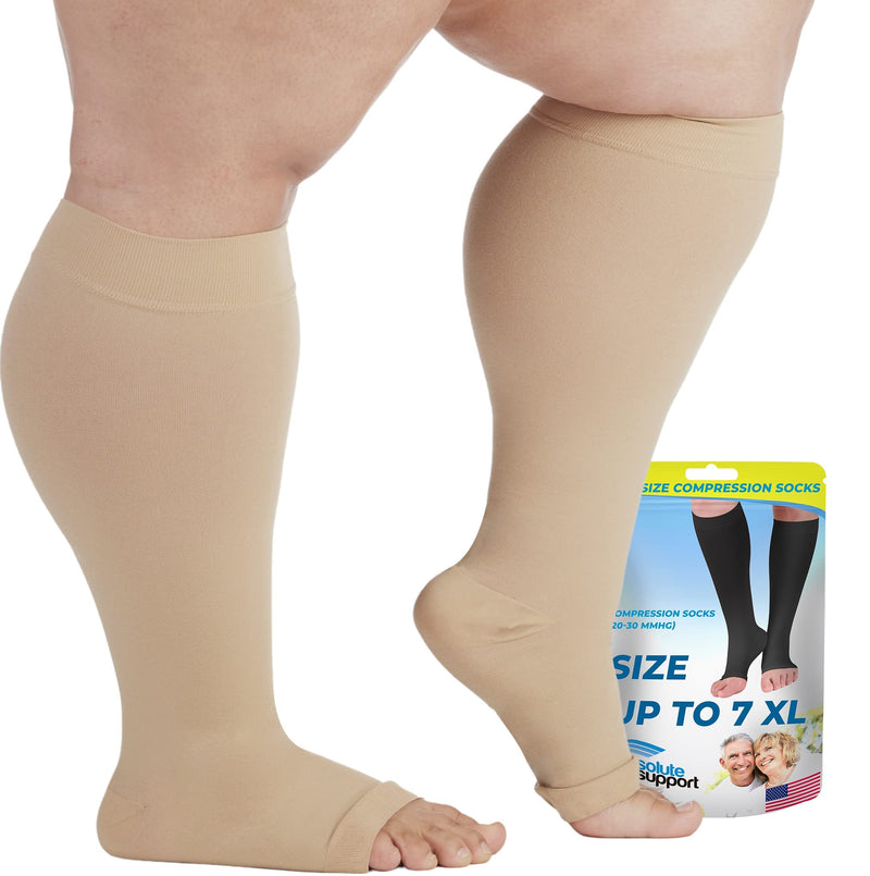 [Australia] - 2XL-7XL Plus Size Big and Tall Compression Socks 20-30mmHg - Wide Calf Open Toe 4X-Large Beige 