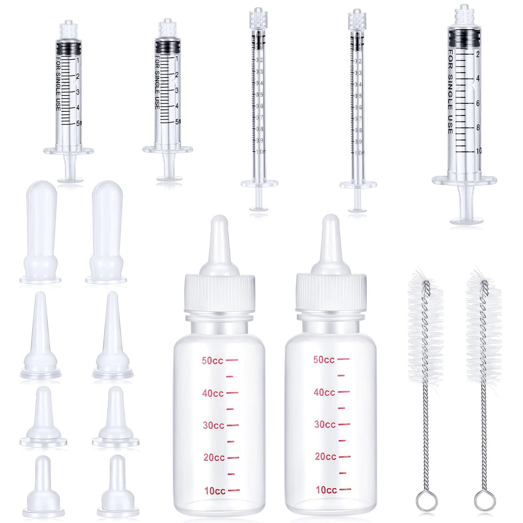 [Australia] - 17 Pieces Pet Nursing Bottle Kit Including 2 Pet Feeding Bottle, 8 Replacement Pet Feeding Nipples, 5 Dog Nursing Syringes in 1 Ml, 5 ml and 10 Ml, 2 Cleaning Brushes for Kittens, Puppies, Rabbits 