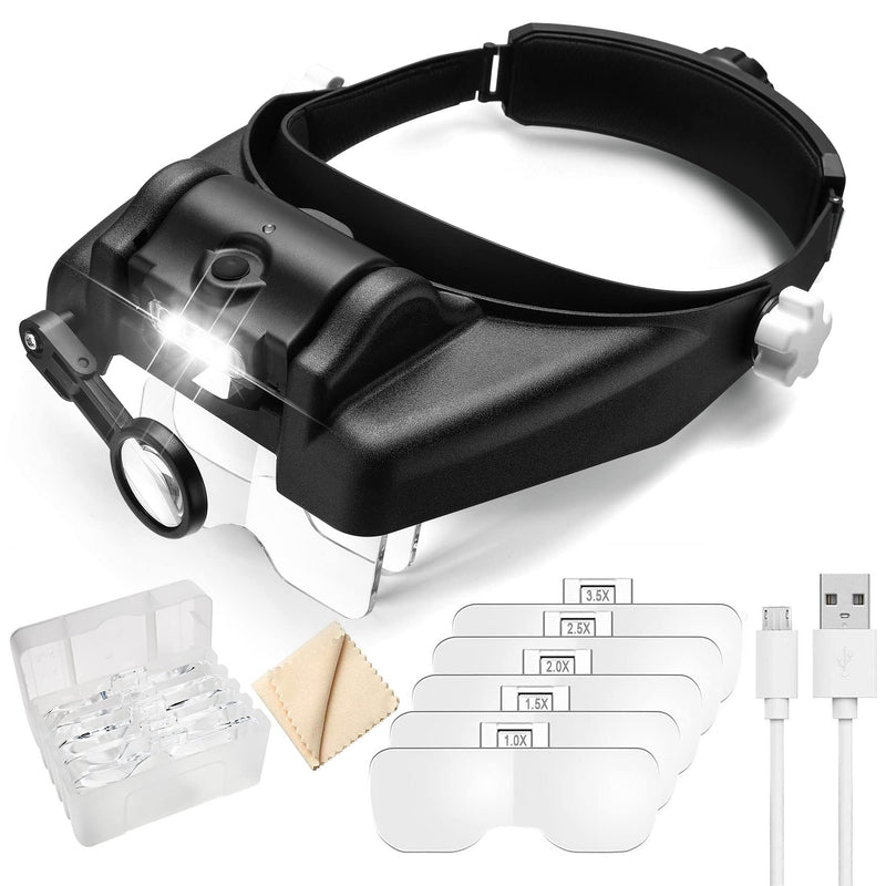 [Australia] - Dilzekui Head Mount Magnifier with LED Light, Rechargeable Black Headband Magnifier, Head-Mounted Magnifying Glass with 6 Detachable Lens, Handsfree Magnifying Glasses for Jewelers Loupe Crafts Repair 