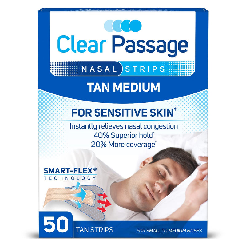 [Australia] - Clear Passage Nasal Strips Medium, Tan, 50 Count | Works Instantly to Improve Sleep, Reduce Snoring, Relieve Nasal Congestion Due to Colds & Allergies Tan Medium 