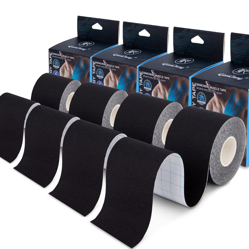 [Australia] - 4 Pack Kinesiology Tape for Sports Athletes - 16 FT Waterproof Athletic Tape for The Knee, Elbow and Shoulder Muscles, etc.(5m X 5cm) (Black) Black 