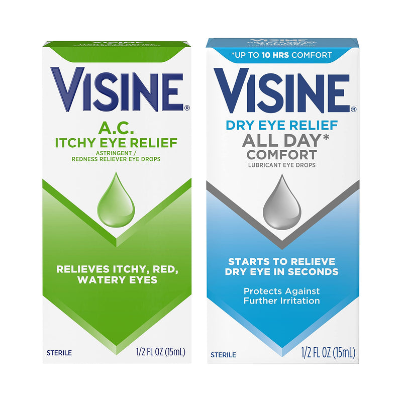 [Australia] - Visine A.C. Itchy Eye Relief Eye Drops for Relief of Red, Itchy, Watery Eyes & Visine Dry Eye Relief All Day Comfort Lubricant Eye Drops for Relief of Dry Eyes, Value Multipack, 2 Items 0.5 Fl Oz (Pack of 2) 