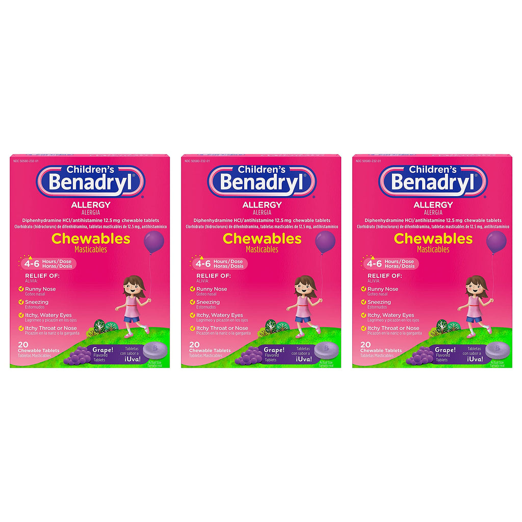 [Australia] - Children's Benadryl Allergy Chewables with Diphenhydramine HCl, Antihistamine Chewable Tablets in Grape Flavor, Three Pack, 3 x 20 ct Each, 60 ct 20 Count (Pack of 3) 
