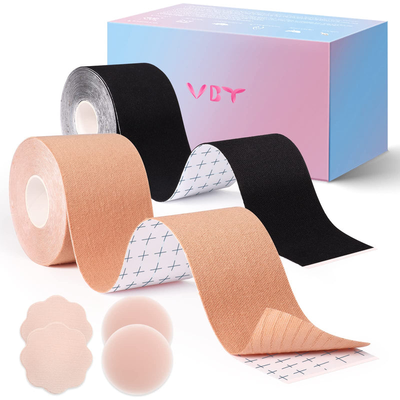 [Australia] - 2 Pack Boob Tape - Breast Lift Tape, Body Tape for Breast Lift w 2 Pcs Silicone Breast Petals Reusable Adhesive Bra& 2 Pcs Fabric Nipple Covers, Bob Tape for Large Breasts A-G Cup, Black&Nude 2" Nude&black 