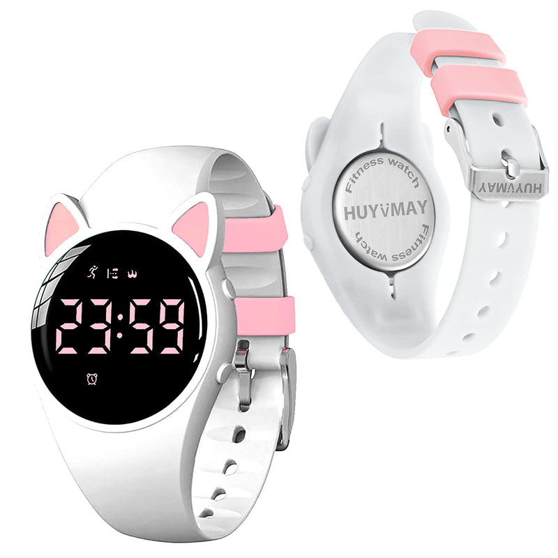 [Australia] - HUYVMAY Fitness Tracker Pedometer Watch No App No Phone Required, USB Charge 1 Hour for 20 Days Use, IP68 Waterproof Watch with Alarm Clock Timer Distance Calorie Step Tracker for Kids and Women White+Pink 