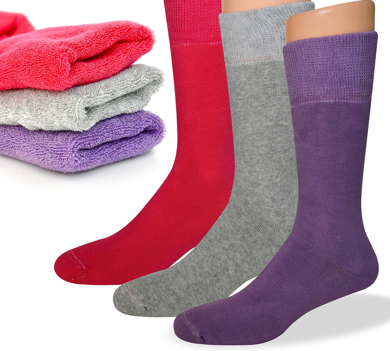 [Australia] - Diabetic Socks Women - Warm Socks - Cushioned from Toe to Top, Cozy, Extremely soft & comfortable, Premium Cotton, Over the calf, 3 Pairs... Pink, Lila & Gray 7 - 11.5 