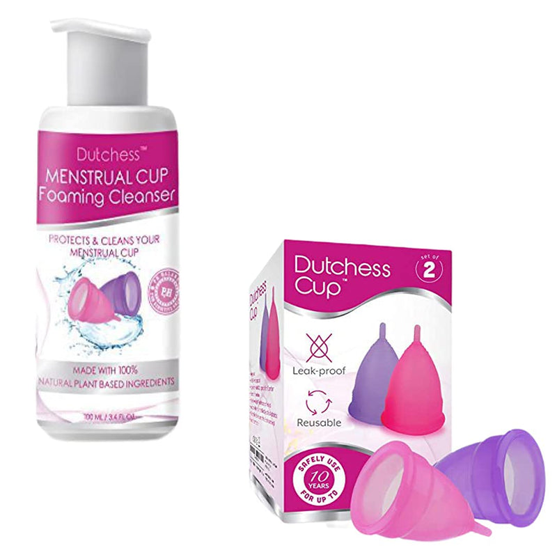 [Australia] - DUTCHESS Menstrual Cups - Set of 2 Reusable, Soft Silicone Period Cups - Pink & Purple, Small (B) & Foaming Wash (3.4 oz) Bundle 
