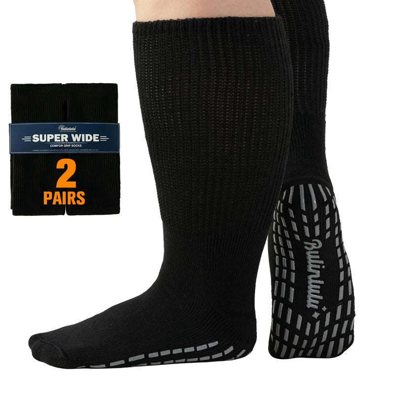 [Australia] - Bulinlulu Extra Wide Socks for Swollen Feet-2 Pairs Extra Wide Viasox Diabetic Socks for Men,Extra Wide Hospital Bariatric Socks Non Slip Edema Socks Women,Cast Socks Lymphedema Socks-Black 2 Pairs Black With Grips 