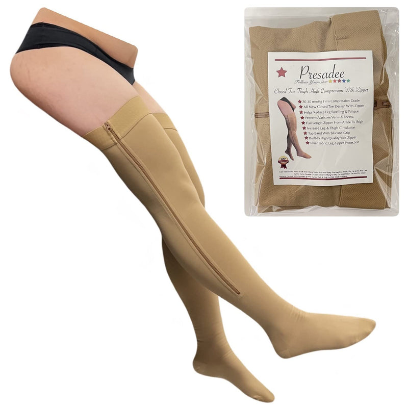 [Australia] - Presadee Closed Toe Thigh High 20-30 mmHg Firm Compression Leg with YKK Zipper (Beige, 2) Beige 