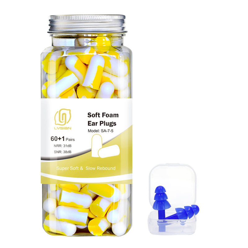 [Australia] - Ultra Soft Foam Earplugs 60 Pairs, 38dB SNR Ear Plugs for Sleeping, Mowing, Shooting, and All Loud Noise by Lysian, Yellow/White 