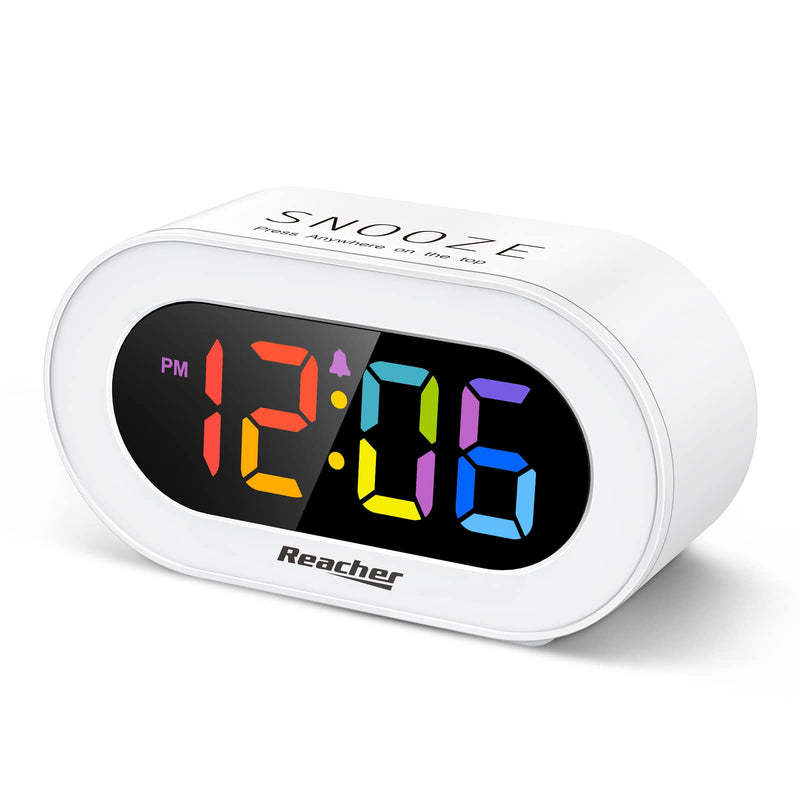 [Australia] - Reacher Small Colorful LED Digital Alarm Clock with Snooze, Simple to Operate, Full Range Brightness Dimmer, Adjustable Alarm Volume, Outlet Powered Compact Clock for Bedrooms, Bedside, Desk, Shelf Colorful Digit 