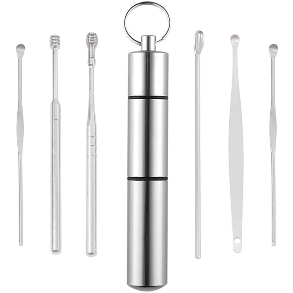 [Australia] - Ear Wax Removal Kit - Ear Wax Removal Tool 6-in-1 Reusable Ear Cleaner, Easy-to-Carry Stainless Steel Spring Ear Wax Cleaner Tool Set with Keychain, Silver 