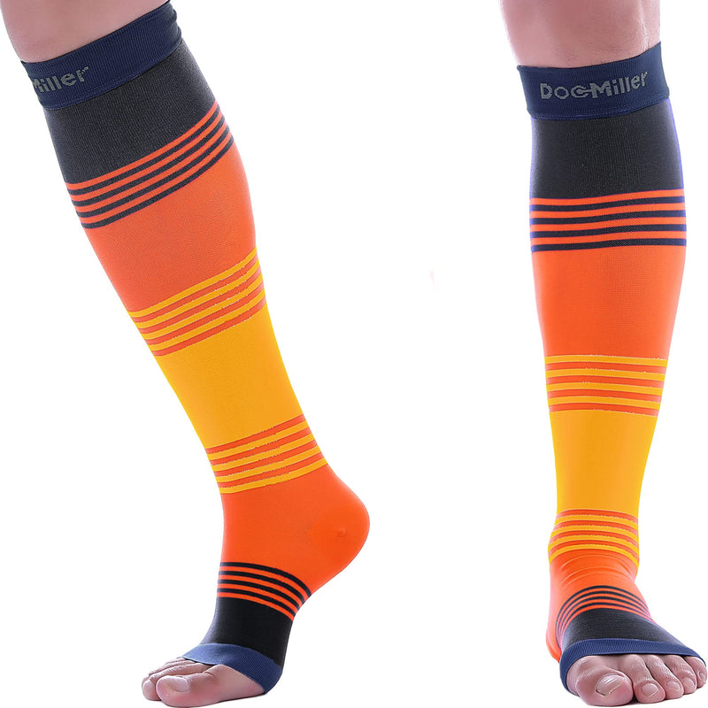 [Australia] - Doc Miller Open Toe Compression Socks Women and Men 8-15mmHg, Toeless Compression Socks Women, Support Circulation Shin Splints and Calf Recovery, Varicose Veins, 1 Pair Sun Stripes X-Large 
