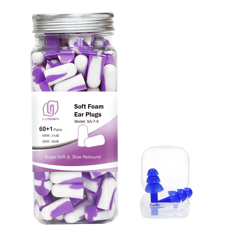 [Australia] - Ultra Soft Foam Earplugs 60 Pairs, 38dB SNR Ear Plugs for Sleeping, Mowing, Shooting, and All Loud Noise by Lysian, Purple/White 
