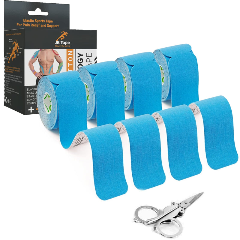[Australia] - JB Kinesiology Tape PreCut Rolls - (4 Pack / 80 Elastic I- Strips 2 Inch X 10 Inch) Water Resistant, Latex Free Athletic Tape for Joint & Muscle Pain, Recovery & Support. Bonus Scissors (Blue) Blue 