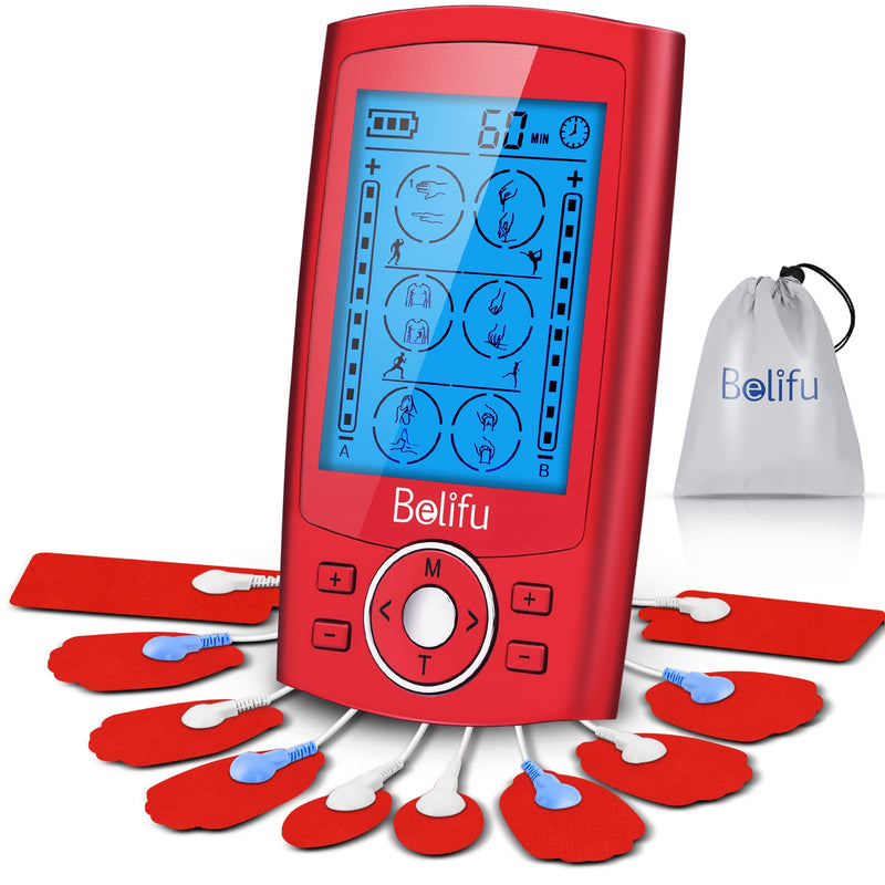 [Australia] - Belifu Dual Channel TENS EMS Unit 24 Modes Muscle Stimulator for Pain Relief Therapy, Electronic Pulse Massager Muscle Massager with 10 Pads, Dust-Proof Drawstring Storage Bag，Fastening Cable Ties Red 