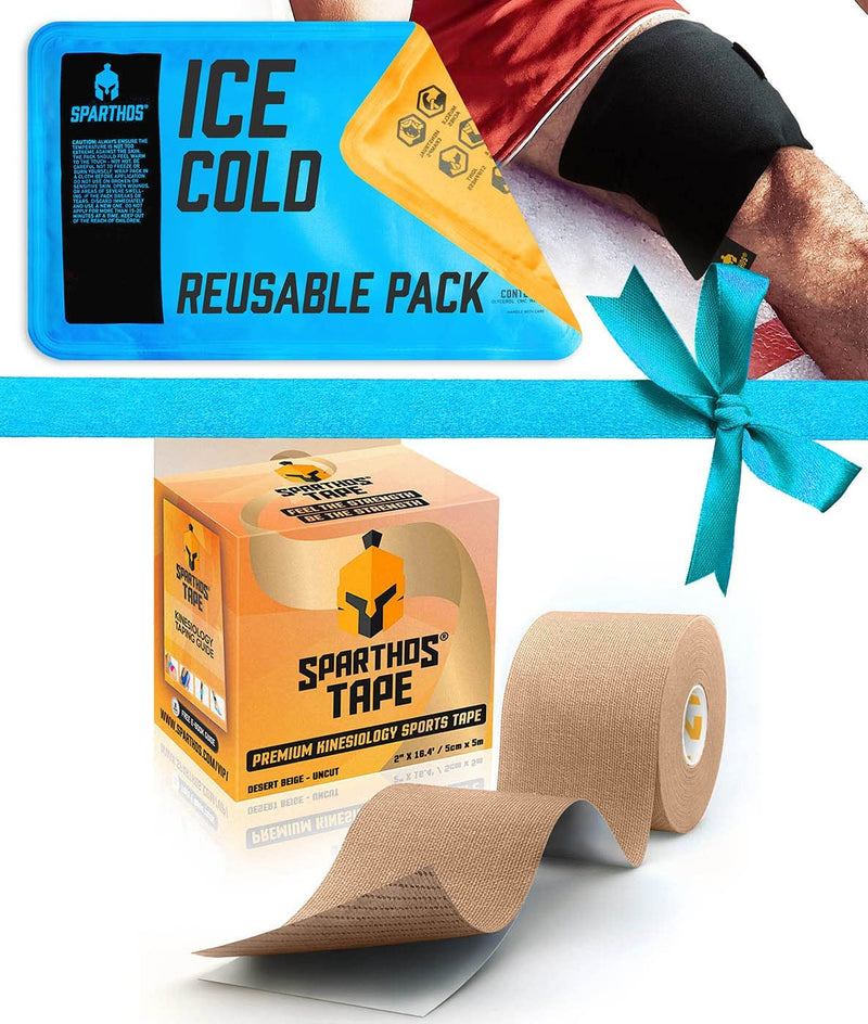 [Australia] - Sparthos Kinesiology Tape [Desert Beige - 16.4ft Uncut Roll] x Ice Packs for Injuries [Size Medium + Cover] 