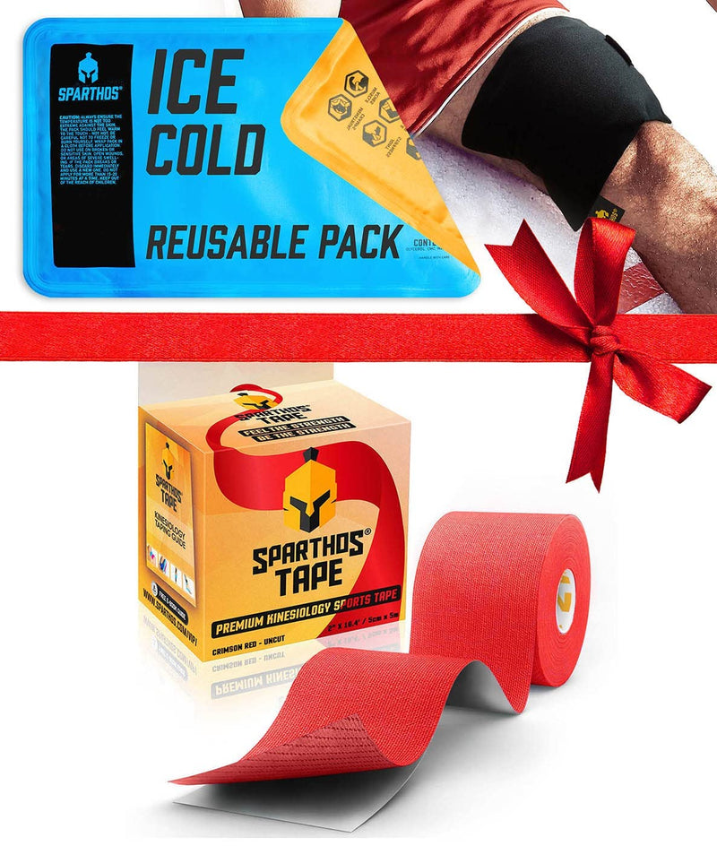 [Australia] - Sparthos Kinesiology Tape [Crimson Red - 16.4ft Uncut Roll] x Ice Packs for Injuries [Size Medium + Cover] 