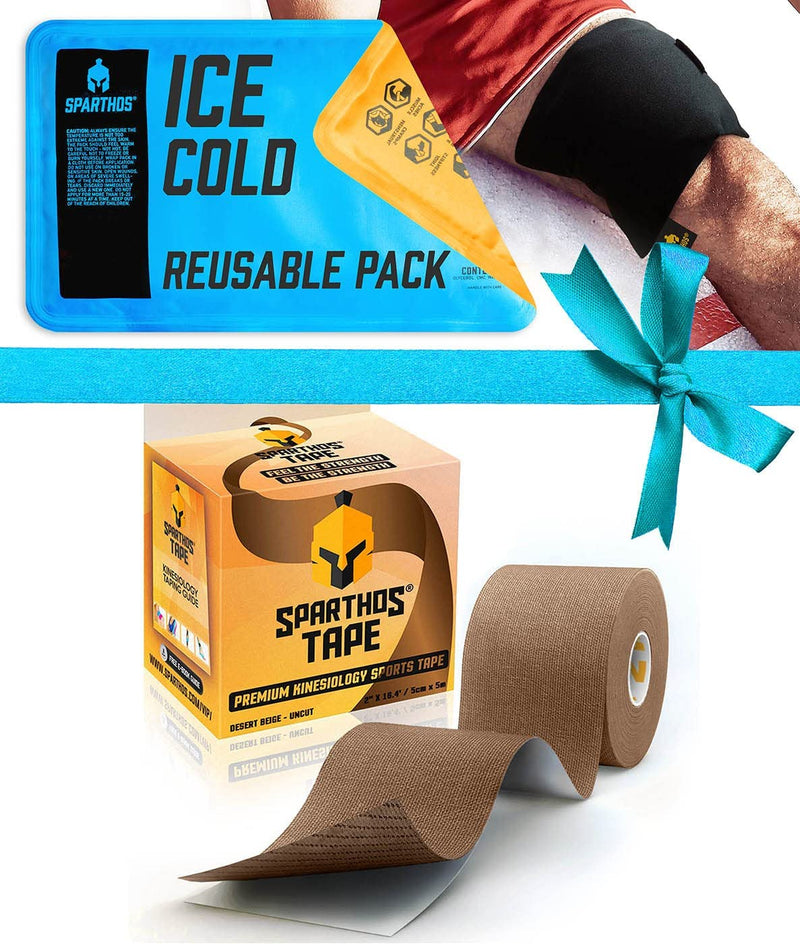 [Australia] - Sparthos Kinesiology Tape [Mountain Brown - 16.4ft Uncut Roll] x Ice Packs for Injuries [Size Medium + Cover] 
