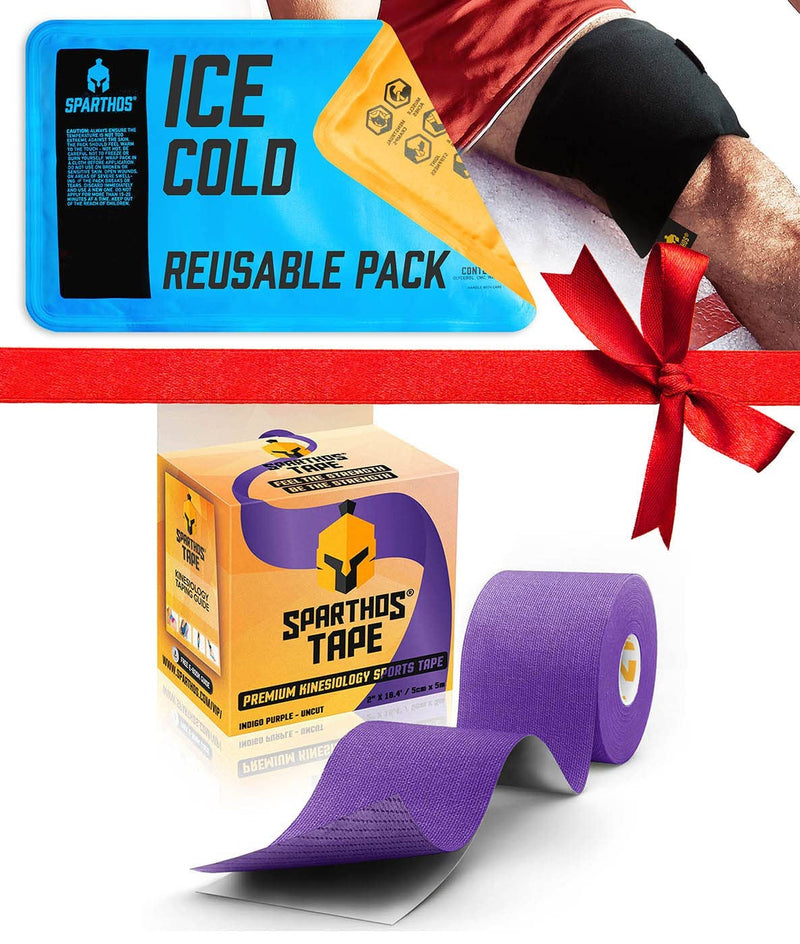 [Australia] - Sparthos Kinesiology Tape [Indigo Purple - 16.4ft Uncut Roll] x Ice Packs for Injuries [Size Medium + Cover] 