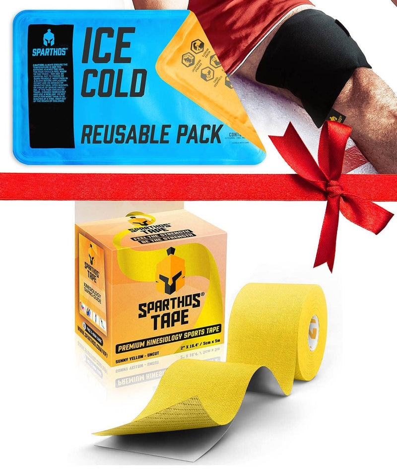 [Australia] - Sparthos Kinesiology Tape [Sunny Yellow - 16.4ft Uncut Roll] x Ice Packs for Injuries [Size Medium + Cover] 