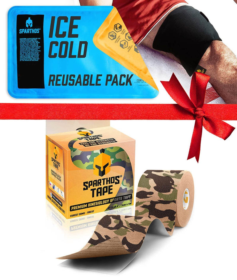 [Australia] - Sparthos Kinesiology Tape [Forest Camo - 16.4ft Uncut Roll] x Ice Packs for Injuries [Size Medium + Cover] 