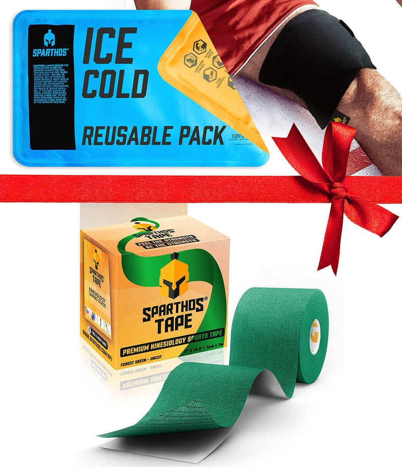 [Australia] - Sparthos Kinesiology Tape [Forest Green - 16.4ft Uncut Roll] x Ice Packs for Injuries [Size Medium + Cover] 