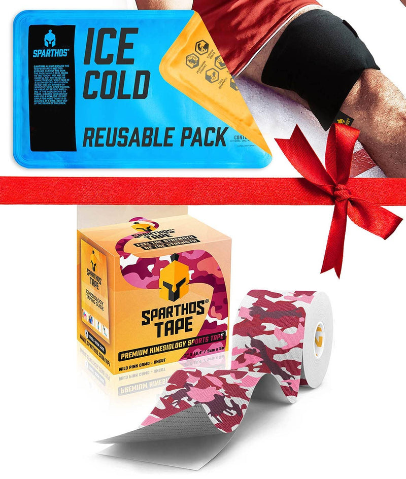 [Australia] - Sparthos Kinesiology Tape [Wild Pink Camo - 16.4ft Uncut Roll] x Ice Packs for Injuries [Size Medium + Cover] 